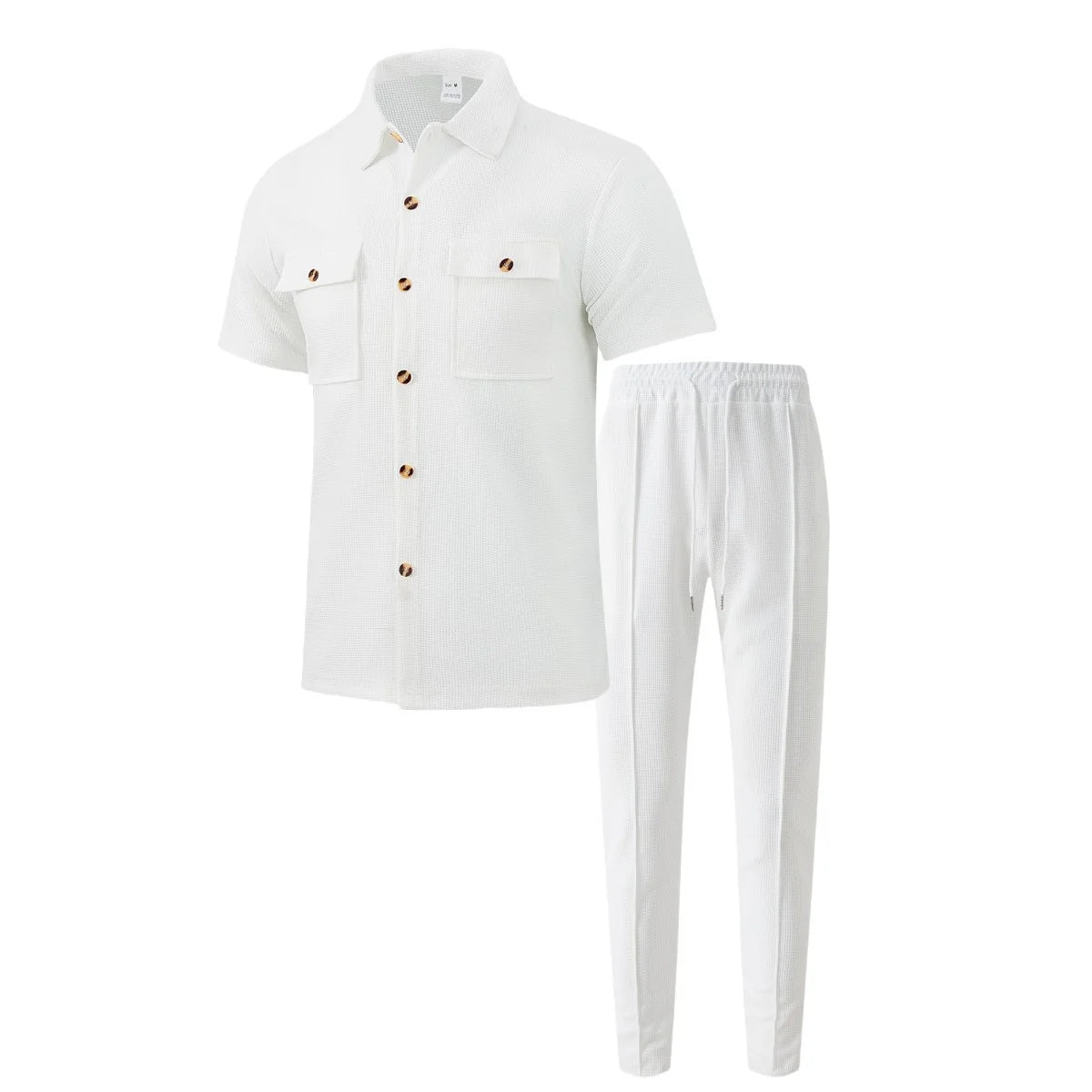 UNIKCOSA Men’s Vacation Set – Short Sleeve Button Shirt & Drawstring Pants Two-Piece Outfit (Polyester S–3XL Edition)
