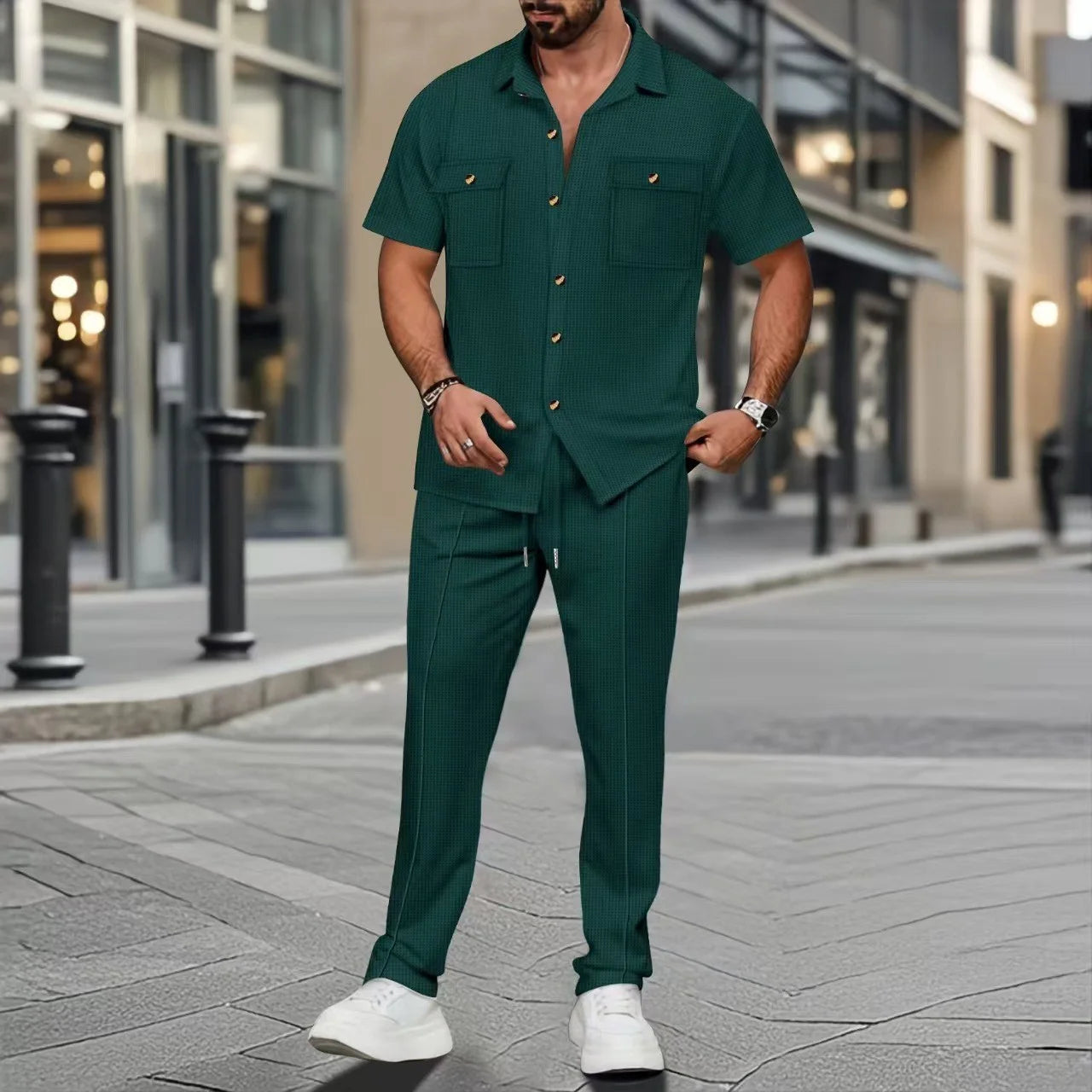 UNIKCOSA Men’s Vacation Set – Short Sleeve Button Shirt & Drawstring Pants Two-Piece Outfit (Polyester S–3XL Edition)