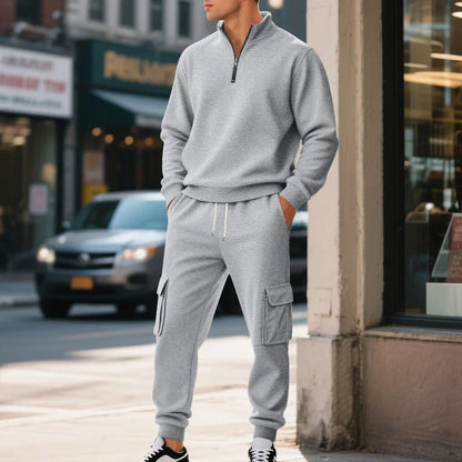 UNIKCOSA Men’s Winter Fleece Tracksuit – Half-Zip Stand Collar Sweatshirt & Cargo Jogger Pants 2-Piece Thermal Set (2025 Edition)
