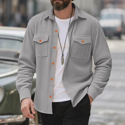 UNIKCOSA Men’s Corduroy Shirt – Long Sleeve Button-Up with Chest Flap Pockets (Casual Workwear Streetwear Edition)