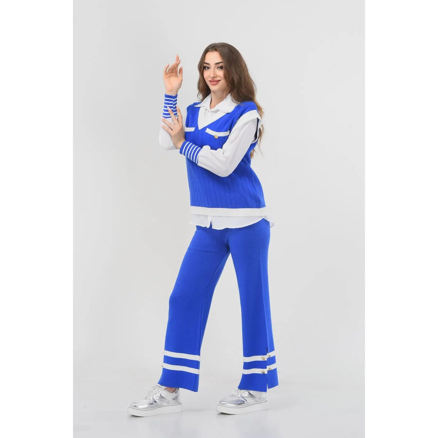 Women's 3-Piece Striped Knitwear Set V‑Neck Casual Sweater