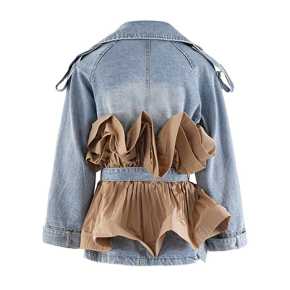 UNIKCOSA Retro Ruffle-Edge Contrast Splice Denim Jacket — Autumn Khaki Edition 🍁