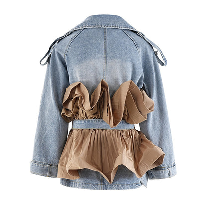 UNIKCOSA Retro Ruffle-Edge Contrast Splice Denim Jacket — Autumn Khaki Edition 🍁