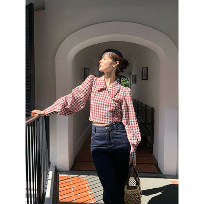 UNIKCOSA RetroMuse Slim Fit Bubble Sleeve Checkered Shirt 💫