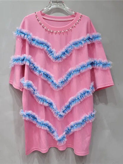 UNIKCOSA CrystalFlair Rhinestone Mesh Ruffle T-Shirt for Women ✨