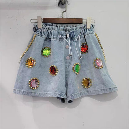 UNIKCOSA GemEdge High-Waist Diamond Beaded Denim Shorts for Women 💎