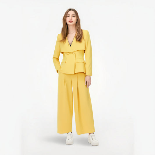 UNIKCOSA V-Neck Slim-Fit Blazer & Pleated Wide-Leg Pants Set — Modern Elegance Edition 💛
