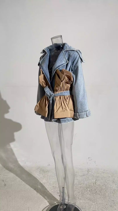 UNIKCOSA Retro Ruffle-Edge Contrast Splice Denim Jacket — Autumn Khaki Edition 🍁