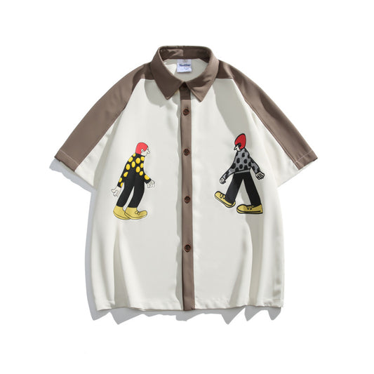 UNIKCOSA Velora Cartoon Print Loose Shirt Stripe Splice 💫