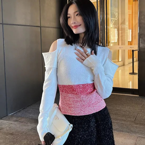 Women's Chic Cold Shoulder Knit Jumper - Long Sleeve Sweet Style Pullover Sweater
