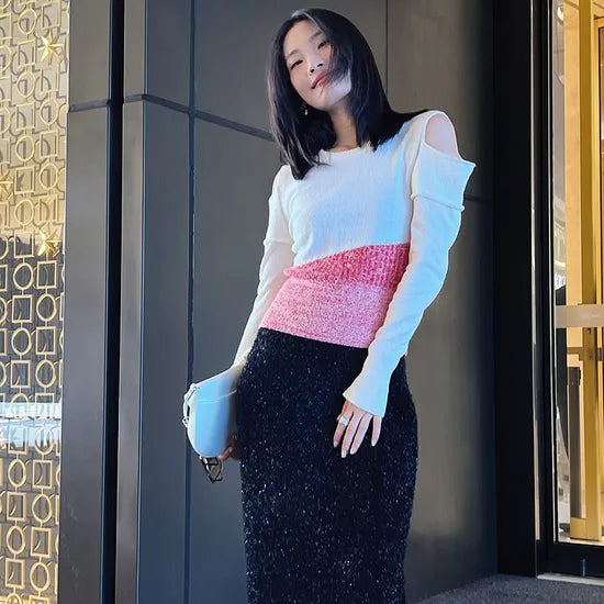 Women's Chic Cold Shoulder Knit Jumper - Long Sleeve Sweet Style Pullover Sweater