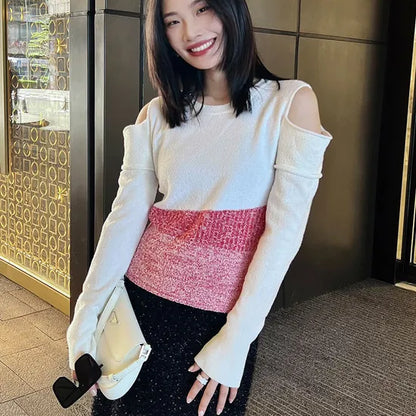 Women's Chic Cold Shoulder Knit Jumper - Long Sleeve Sweet Style Pullover Sweater