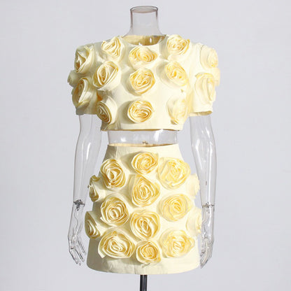 UNIKCOSA BloomGrace 3D Floral Bubble Sleeve Top & A-Line Skirt Set