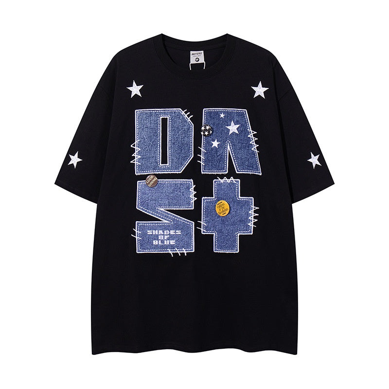 UNIKCOSA RetroMuse Denim Patch Embroidered T Shirt Men 💫