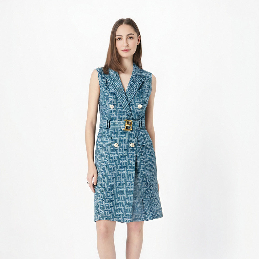 UNIKCOSA Velora Blue Sleeveless Vest Dress Jacquard Denim 💫