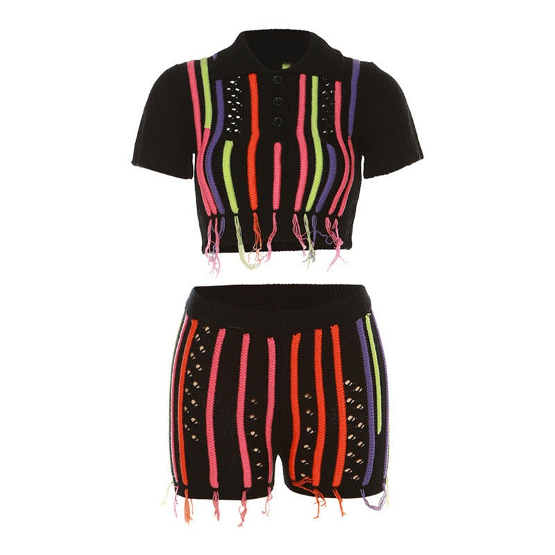 UNIKCOSA SweetTassel Embroidered Knit Set — High-Waist Open-Navel Slim Fit Co-Ord 💖