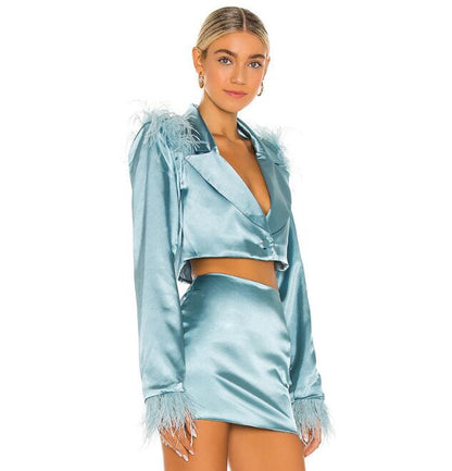 UNIKCOSA Velora Feather Trim Blazer And Skirt Set 💫