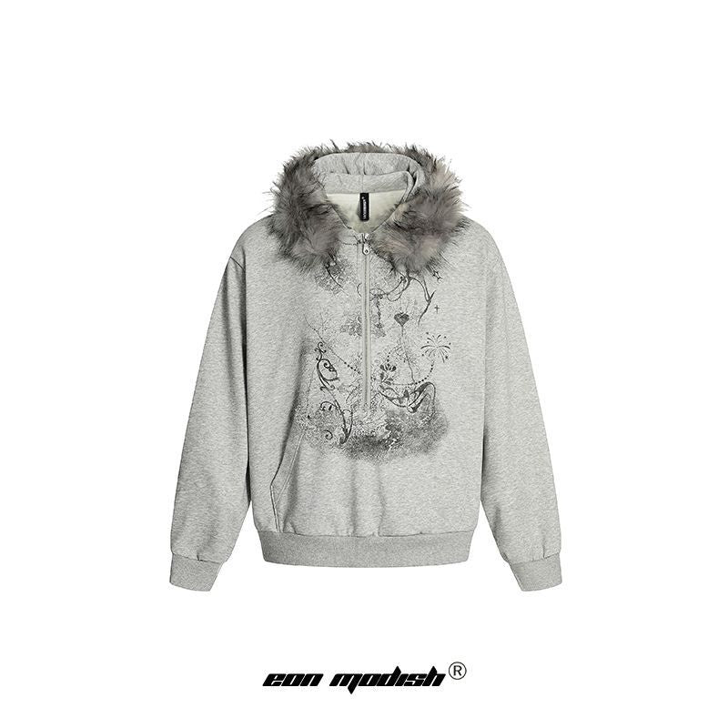 UNIKCOSA Velora Patterned Fur Collar Hooded Sweatshirt 💫