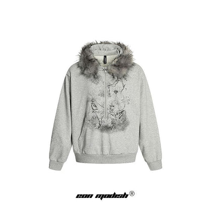 UNIKCOSA Velora Patterned Fur Collar Hooded Sweatshirt 💫