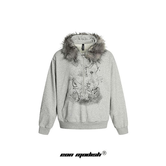 UNIKCOSA Velora Patterned Fur Collar Hooded Sweatshirt 💫