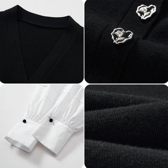 Elegant Women's V-Neck Knit Dress with Buttons – Long Sleeve Midi Style