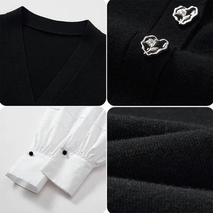 Elegant Women's V-Neck Knit Dress with Buttons – Long Sleeve Midi Style