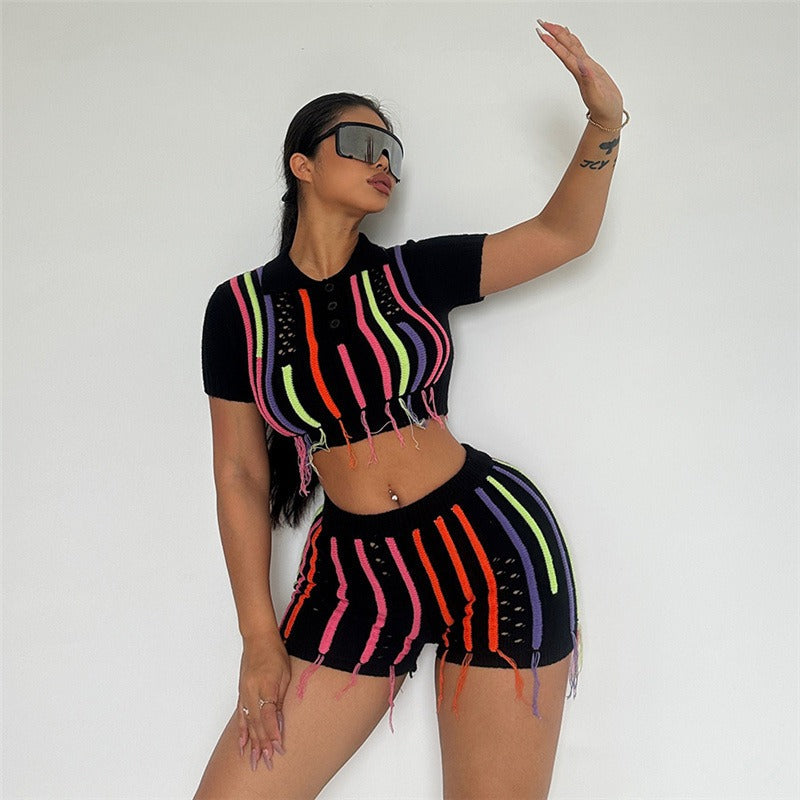 UNIKCOSA SweetTassel Embroidered Knit Set — High-Waist Open-Navel Slim Fit Co-Ord 💖