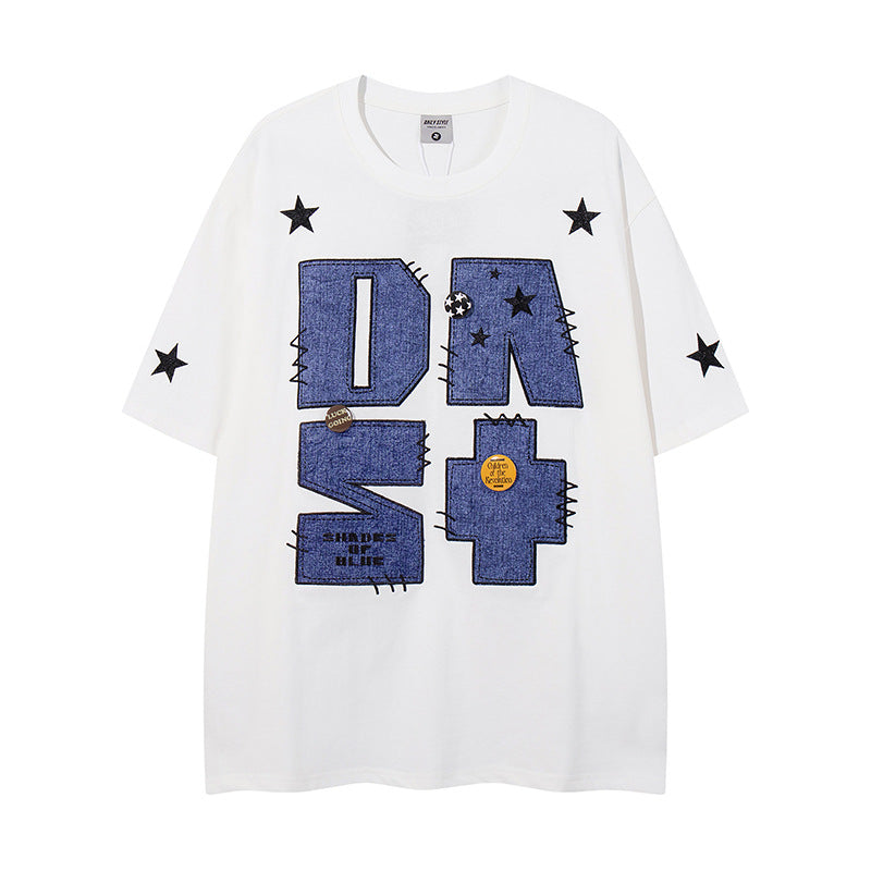 UNIKCOSA RetroMuse Denim Patch Embroidered T Shirt Men 💫
