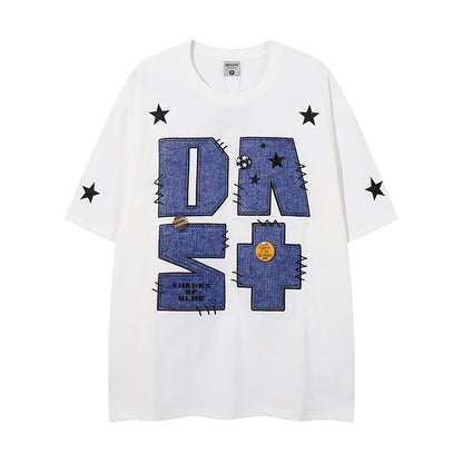UNIKCOSA RetroMuse Denim Patch Embroidered T Shirt Men 💫