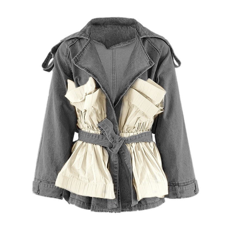 UNIKCOSA Retro Ruffle-Edge Contrast Splice Denim Jacket — Autumn Khaki Edition 🍁