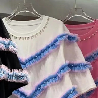 UNIKCOSA CrystalFlair Rhinestone Mesh Ruffle T-Shirt for Women ✨