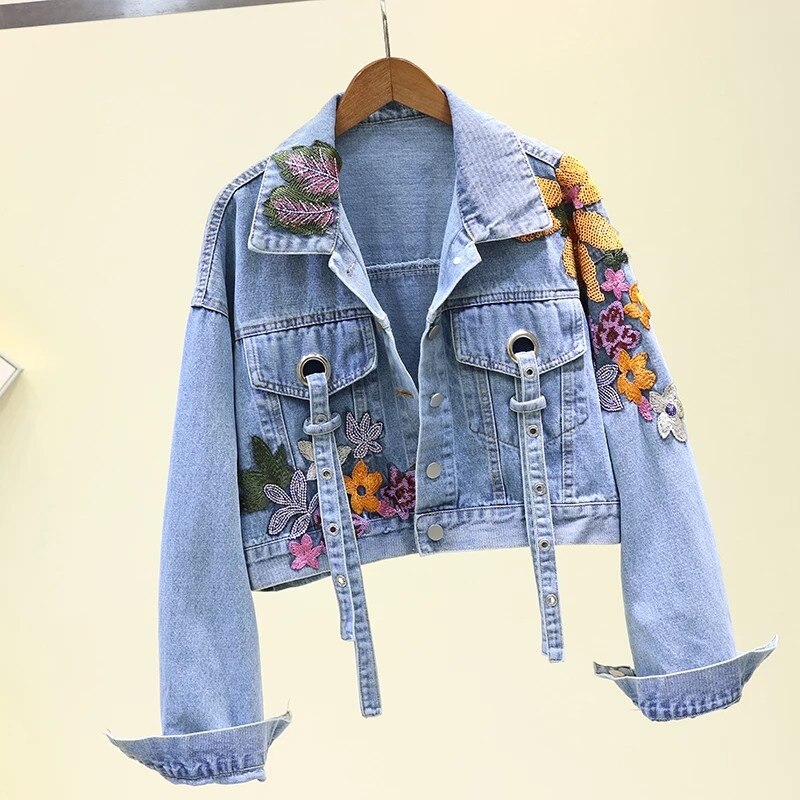 UNIKCOSA BloomShine Embroidered Sequin Denim Jacket for Women 🌸✨