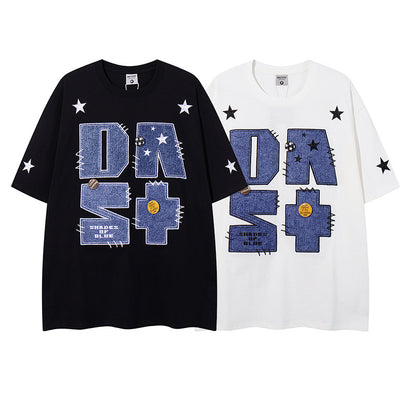 UNIKCOSA RetroMuse Denim Patch Embroidered T Shirt Men 💫
