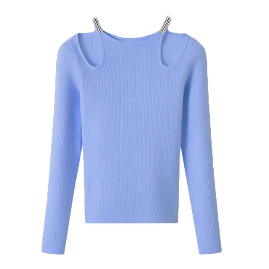 Fashionable Women's Casual Solid Knit Pullover Sweater with Hollow-Out Design