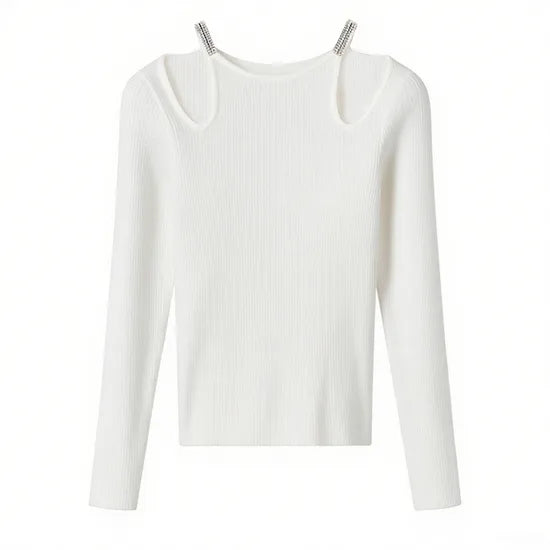 Fashionable Women's Casual Solid Knit Pullover Sweater with Hollow-Out Design