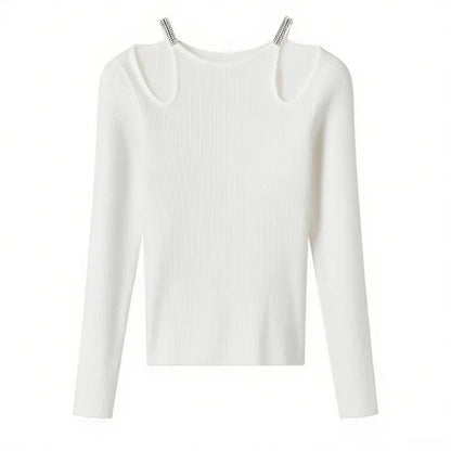 Fashionable Women's Casual Solid Knit Pullover Sweater with Hollow-Out Design
