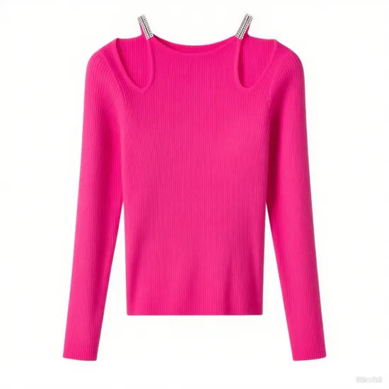 Fashionable Women's Casual Solid Knit Pullover Sweater with Hollow-Out Design