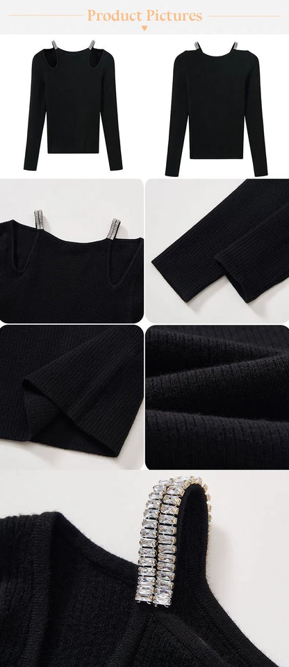 Fashionable Women's Casual Solid Knit Pullover Sweater with Hollow-Out Design