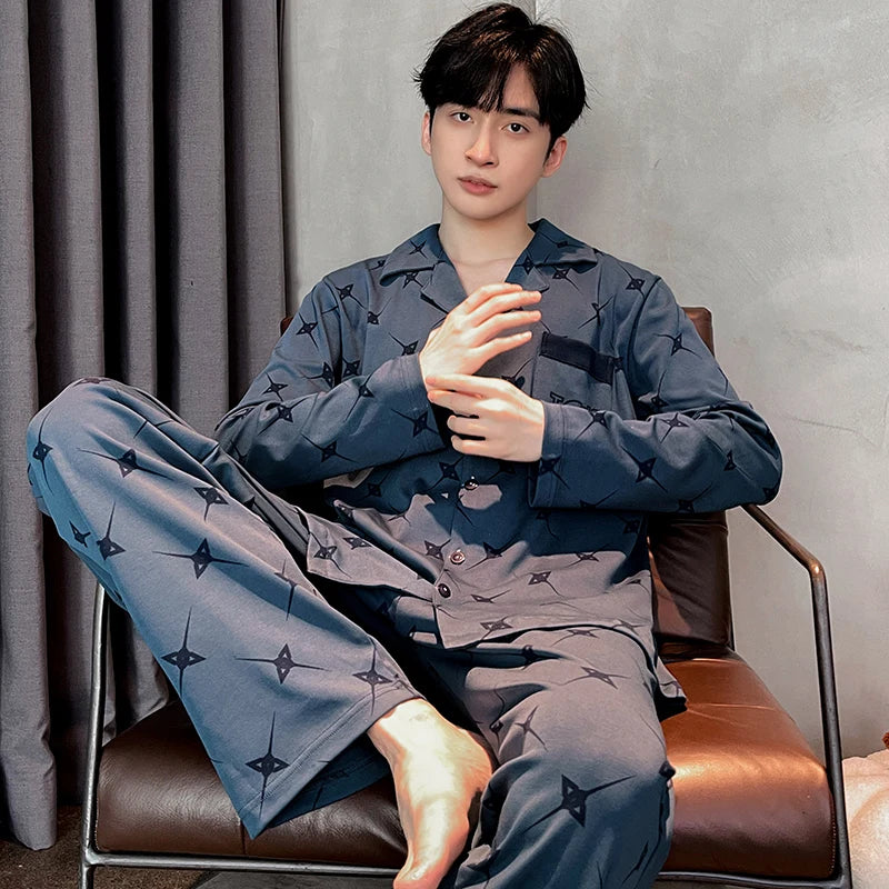 UNIKCOSA Men’s Cotton Night Suit – 100% Cotton Lapel Cardigan Top & Trousers Pajama Set (Spring/Fall Plus Size Sleepwear)