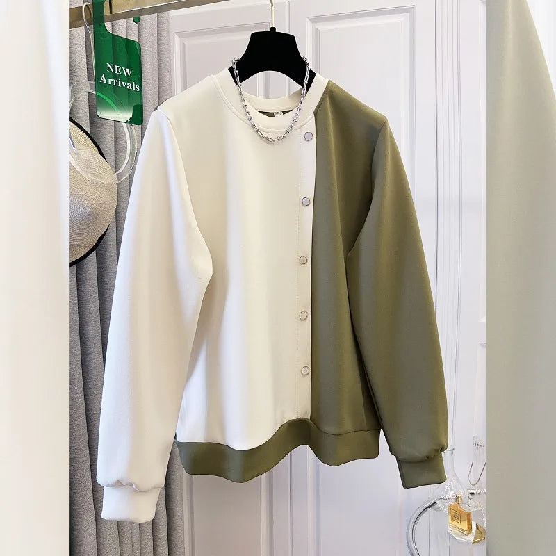 Stylish Apricot Casual Round-Neck Patchwork Hoodie for Women Autumn