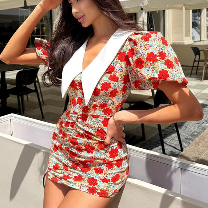 UNIKCOSA Women’s Red Floral Bodycon Dress – Peter Pan Collar Puff Sleeve Short Summer Dress with Back Zip (2025 Edition)