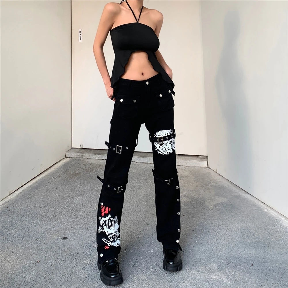 Hippie Comic Print Punk Jeans for Women – YX Vintage Streetwear