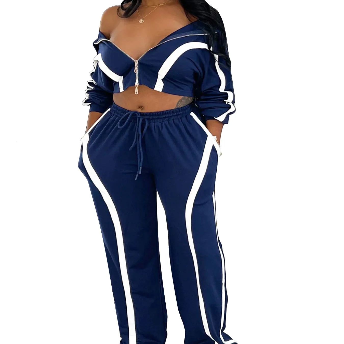 Women's Striped Patchwork Contrast Color Zipper Collar Top & Wide-Leg Pants 2-Piece Set