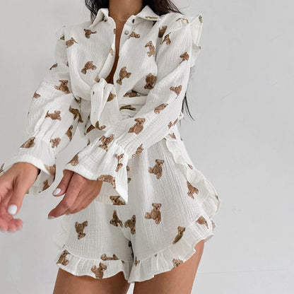 UNIKCOSA Women’s Ruffled Pajama Set – Crepe Cotton Printed Blouse & Shorts 2-Piece Outfit (Summer/Fall 2025 Edition)