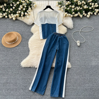 UNIKCOSA Women’s Two-Piece Set – Short Sleeve Spliced Denim T-Shirt & High-Waist Casual Pants (Street Chic Edition)
