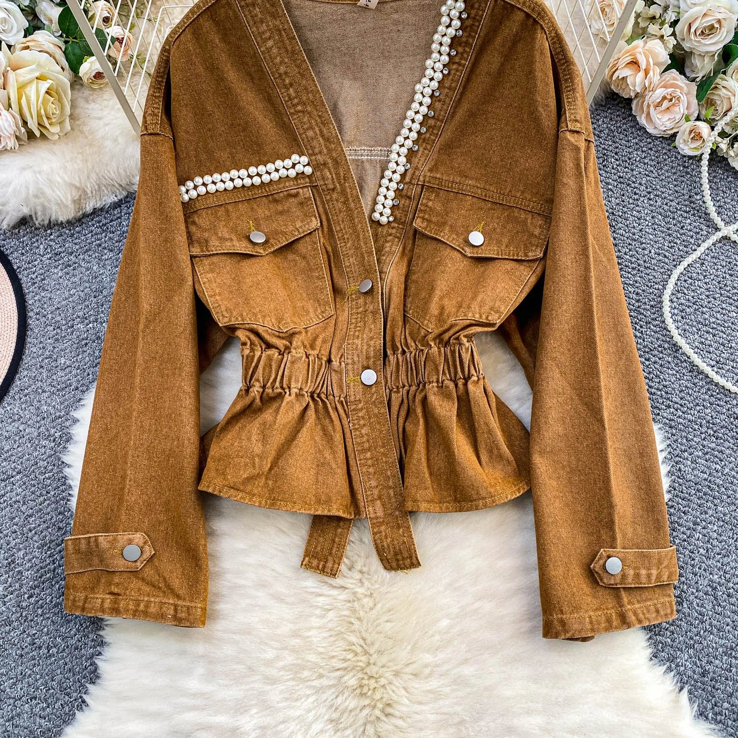 Boutique Wholesale 2025 Autumn New Fashionable Diamond Studded V-neck Waist Cinched Short Denim Women's Jacket