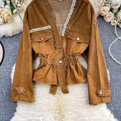 Boutique Wholesale 2025 Autumn New Fashionable Diamond Studded V-neck Waist Cinched Short Denim Women's Jacket