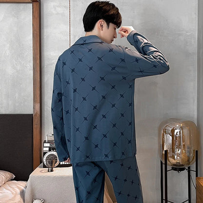 UNIKCOSA Men’s Cotton Night Suit – 100% Cotton Lapel Cardigan Top & Trousers Pajama Set (Spring/Fall Plus Size Sleepwear)