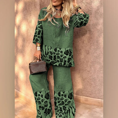 Leopard Print Women's Casual Cotton-Linen Top and Pants Set
