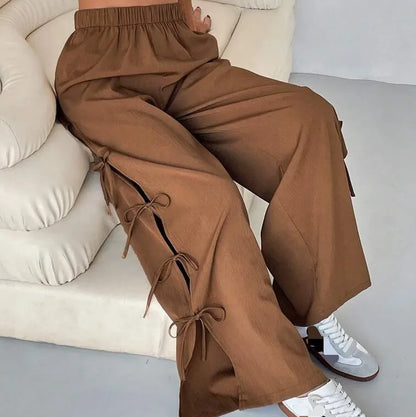 Women's Bow-Detail Contrast Color Sport Pants – Casual Commuter Trousers